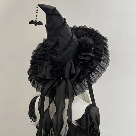 Gothic Witch's Hat Black Ruffled Lace Rose Bow Ribbon Halloween Party Cosplay Costume Props Decor