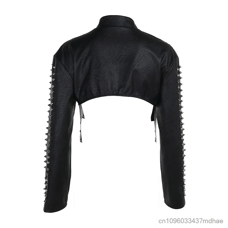 Women's Punk Crop Jacket PU Leather Cosplay Jacket Rivet Strap Gothic Streetwear Top
