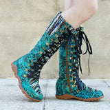 Maria's Genuine Leather Wool Spliced Lacing Comfortable Flat Boots Shoes