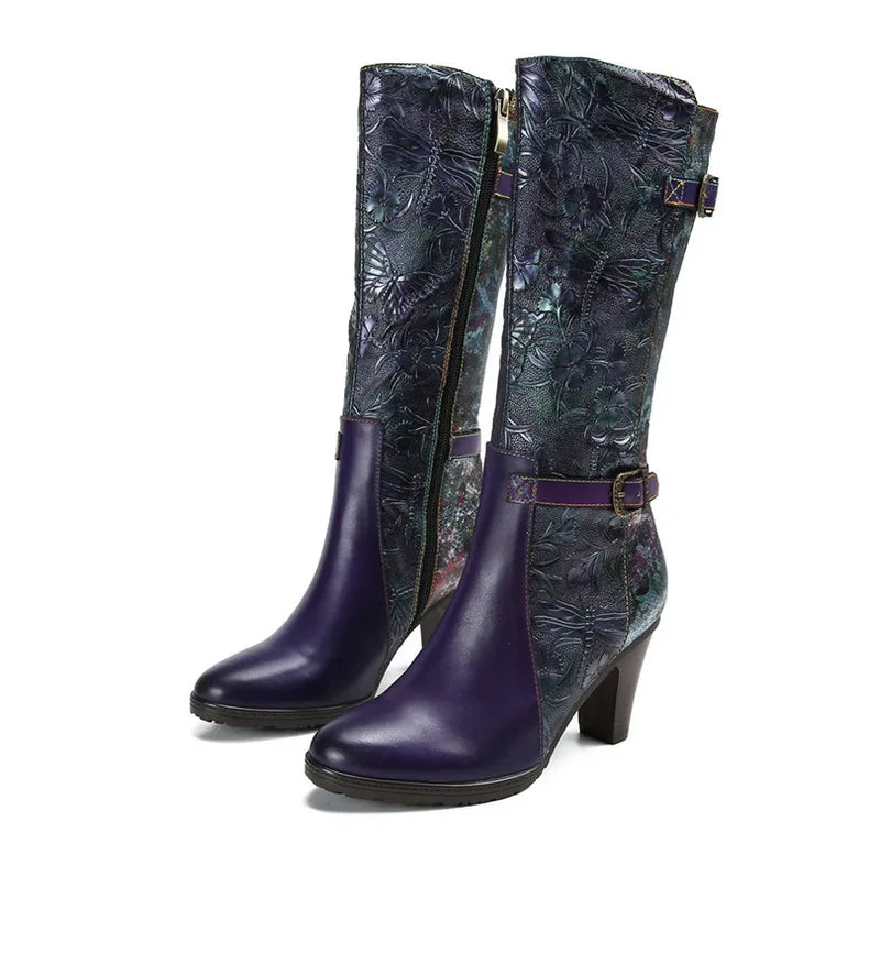 Purple Embossed Dragonfly Genuine Leather Long Boots