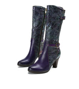 Purple Embossed Dragonfly Genuine Leather Long Boots