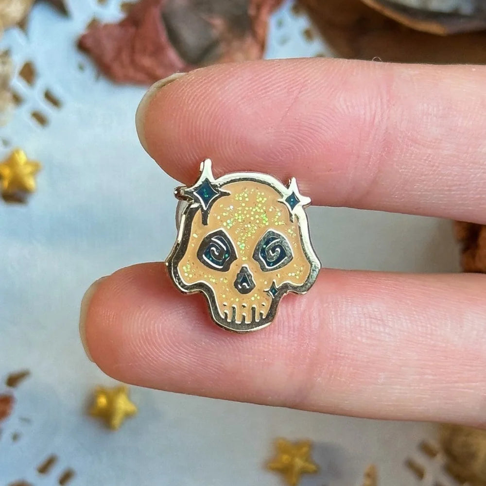 Set of Four Halloween Mini Enamel Pins Witchy Badge Bat Ghost and Candy Corn Glitter Brooches