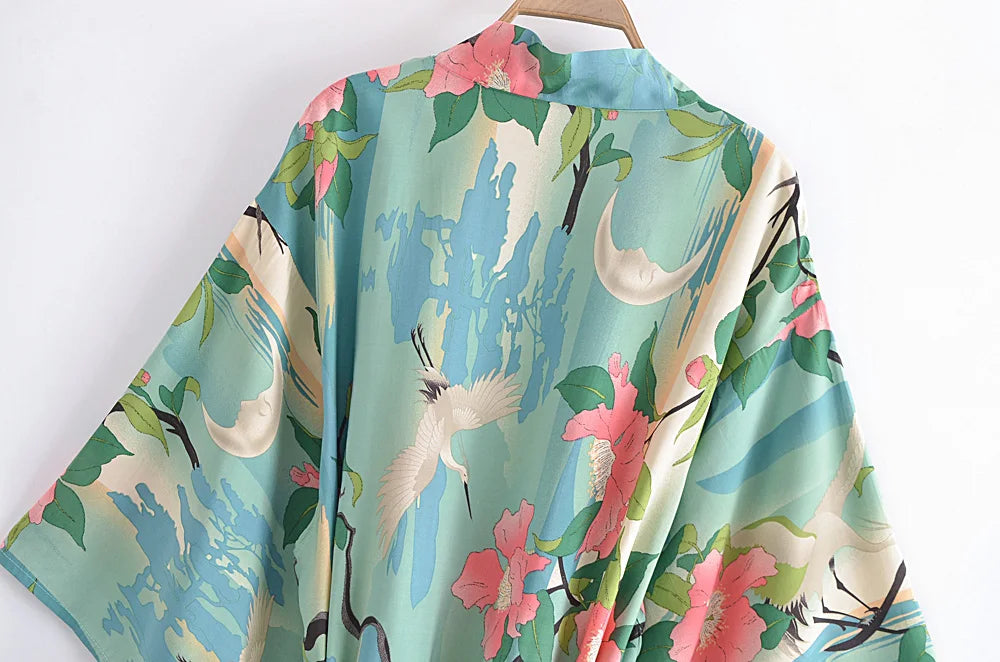 Vintage Boho Lux Crane Kimono Cover Up