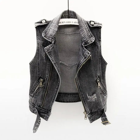 Black Denim Sleeveless Jacket Grunge Ripped Vest