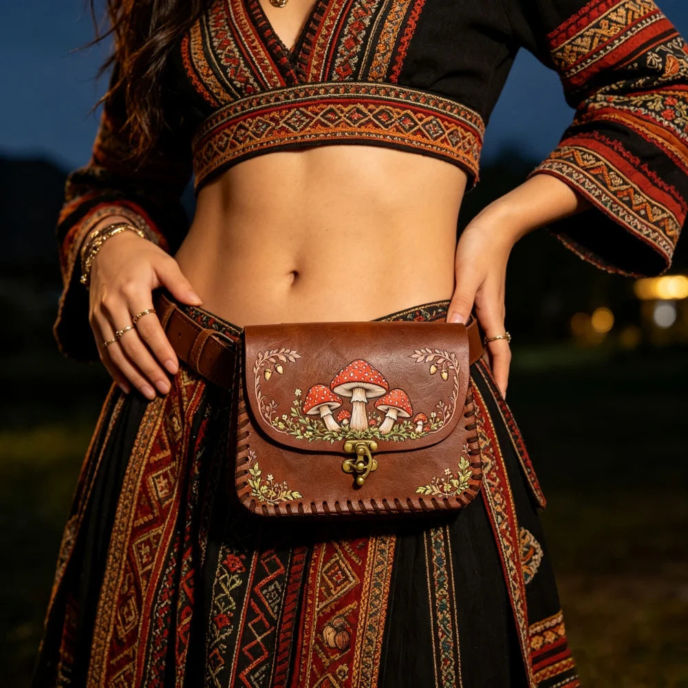 Red Mushroom Print PU Waist Bag Medieval Renaissance Distressed Faux Leather Flip Coin Belt Pouch