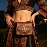 Red Mushroom Print PU Waist Bag Medieval Renaissance Distressed Faux Leather Flip Coin Belt Pouch