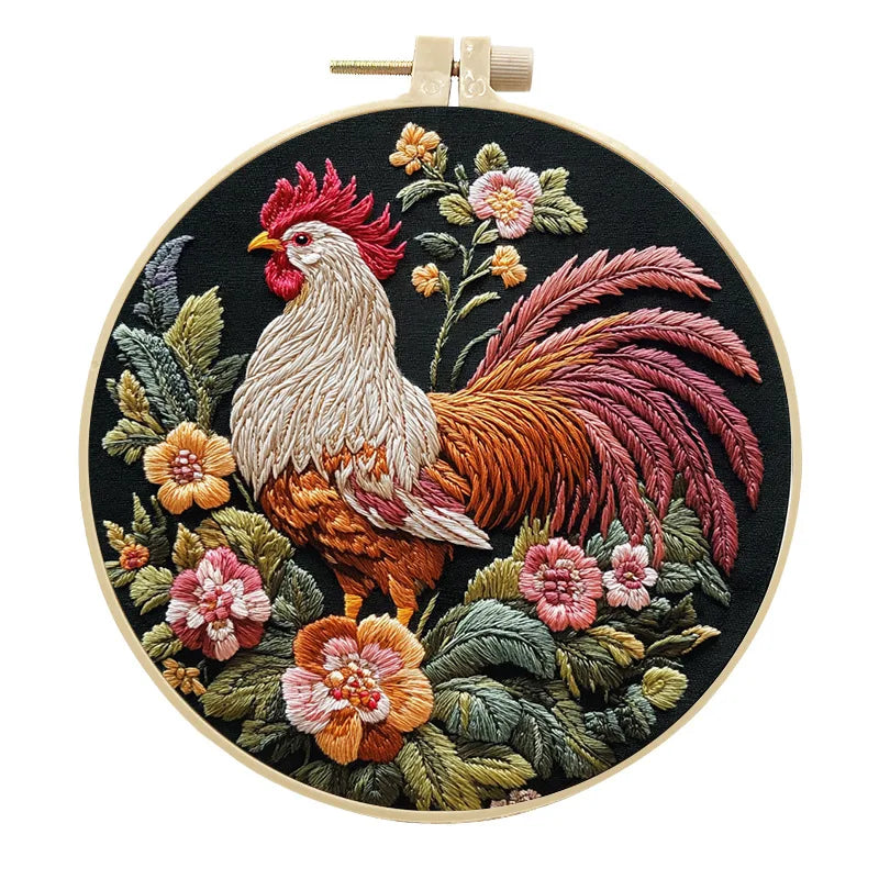 Rooster Embroidery Kit with Flowers for Beginners Needles Embroidery Thread DIY Craft
