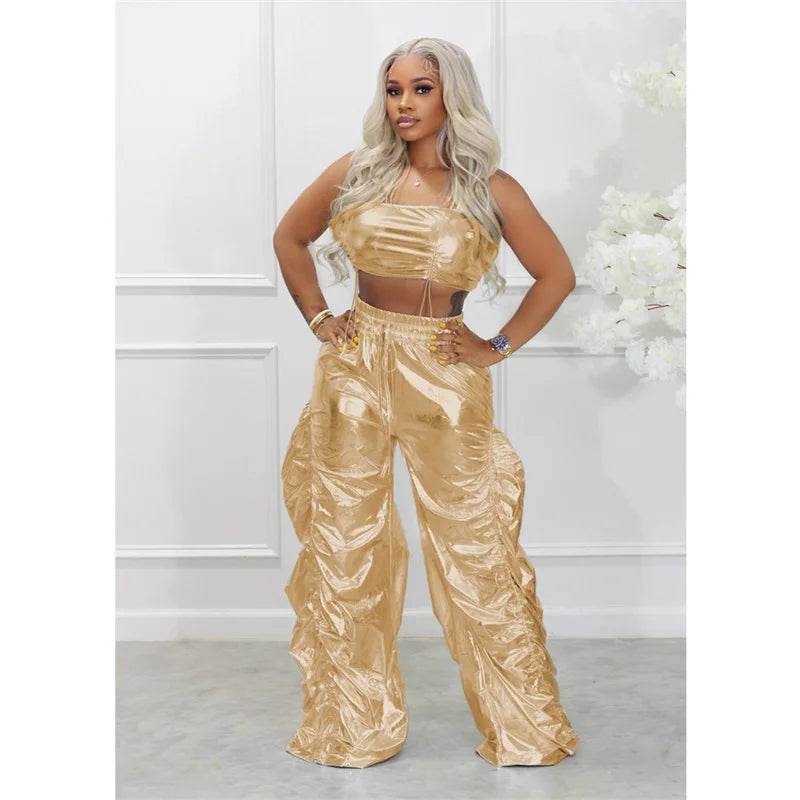 Gold Sliver Metallic Two Piece Sets Crop Top and Pants Streetwear Hip Hop Rave Festival Outfit