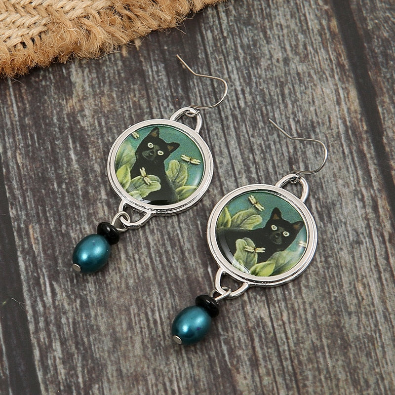 Black Cat & Dragonflies Earrings