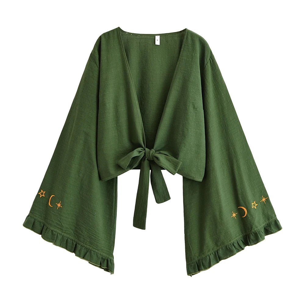 Boho Star Moon Embroidered Short Kimono Wrap Top Ruffled Flare Sleeves Cover-ups