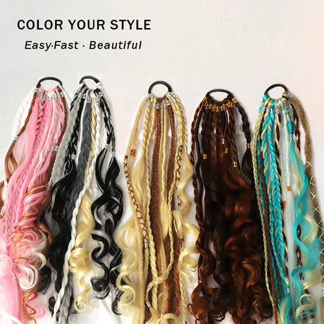 24 Inch Boho Braided Ponytail Beaded Braids With Elastic Hair Tie