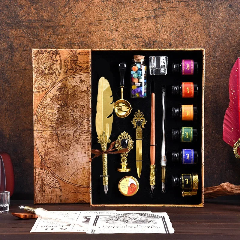 Golden Feather Quill Pens Set Dip Fountain Pens Ink Stationery Writing Gift Box Sets
