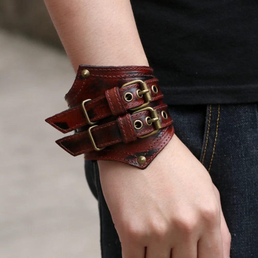 Genuine Leather Men's Wide Leather Wrist Cuff Buckle Bracelet