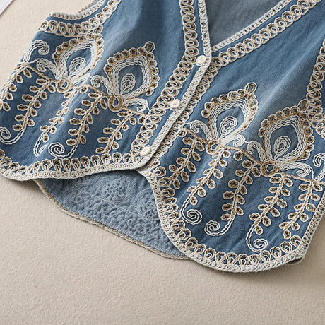 Mardi's Boho Denim Floral Embroidery Vest Top