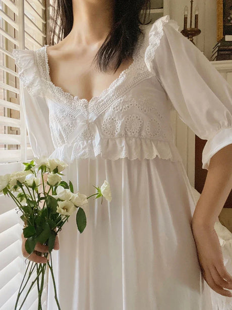 Summer Cotton Women's Sleepwear Antique French Style Lace Nightgown Nightdress