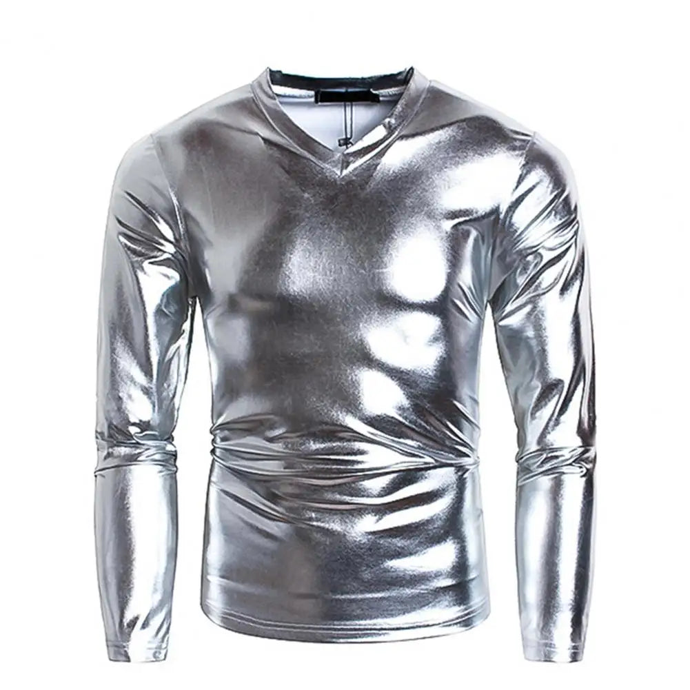 Men T-shirt Glossy Solid Long Sleeve Tops Nightclub Party Performance Wear