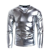 Men T-shirt Glossy Solid Long Sleeve Tops Nightclub Party Performance Wear