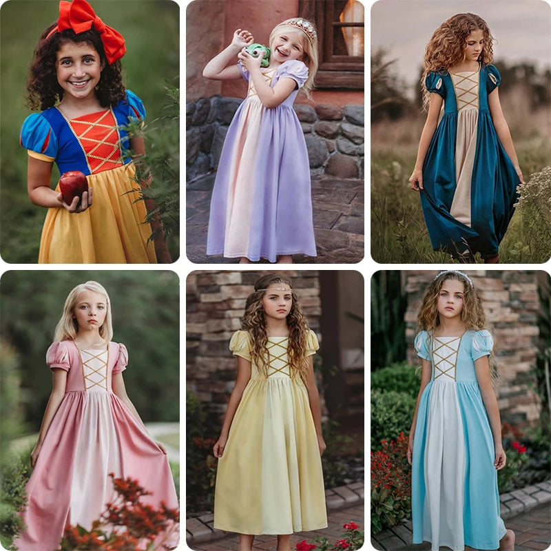 Soft Princess Dress for Girls Kids Halloween Cosplay Belle Cinderella Aurora Melinda Snow White Costume