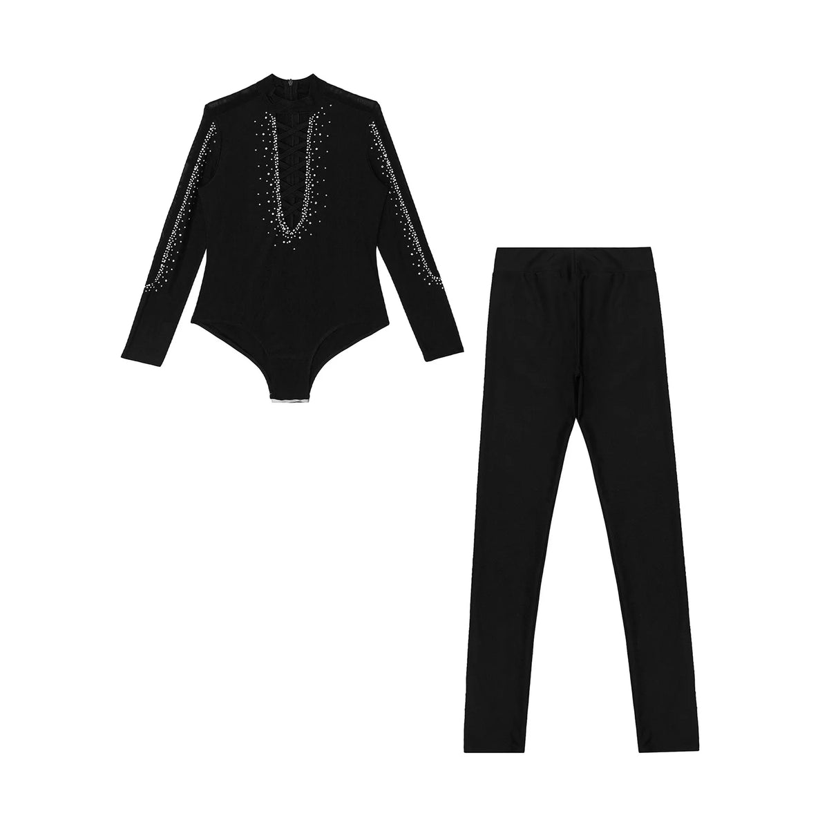 Boys Dance Leotard Ice Skating Gymnastic Long Sleeve Rhinestones Bodysuit with Leggings