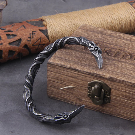 Stainless Steel Nordic Viking Norse Raven Cuff Bangle Mens Gift with Wooden Box