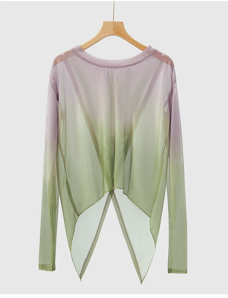Gradient Gauze Top Dance Practice Top Thumb Finger Hole Long Sleeve Dancewear