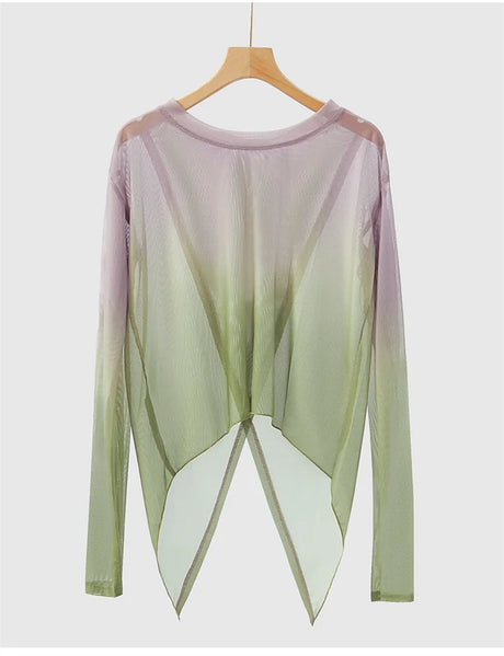 Gradient Gauze Top Dance Practice Top Thumb Finger Hole Long Sleeve Dancewear