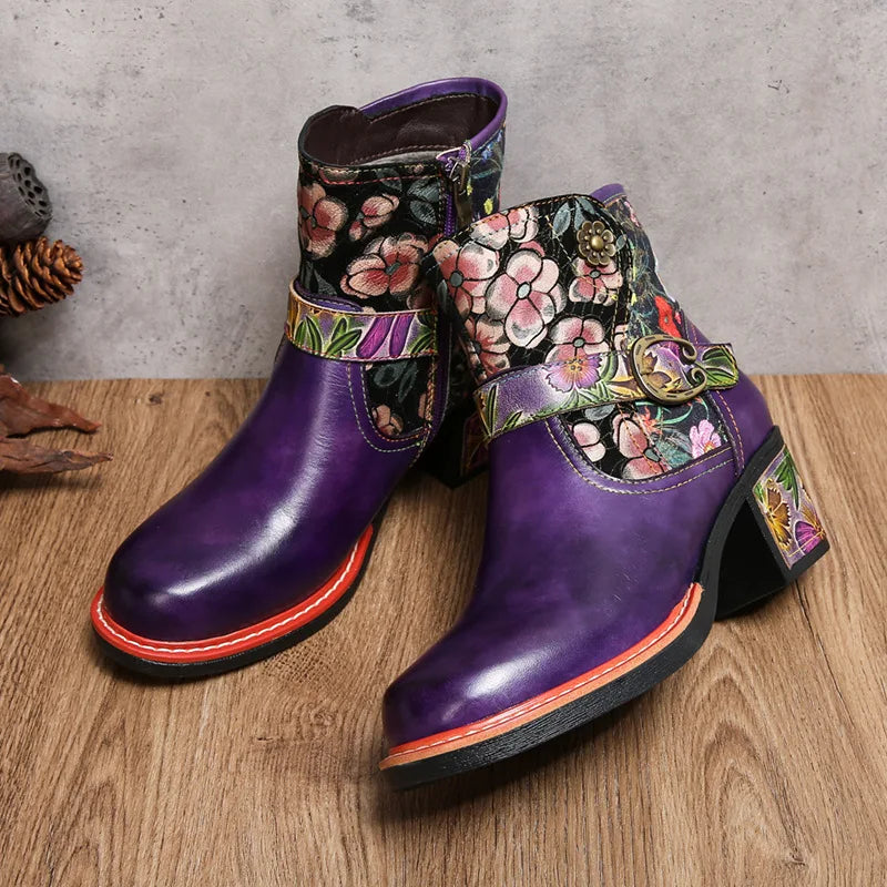 Violet's Floral Boots Genuine Leather Hand-painted Short Boots