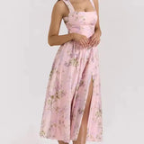 Ceony's Pink Floral Backless Halter Neck Dress