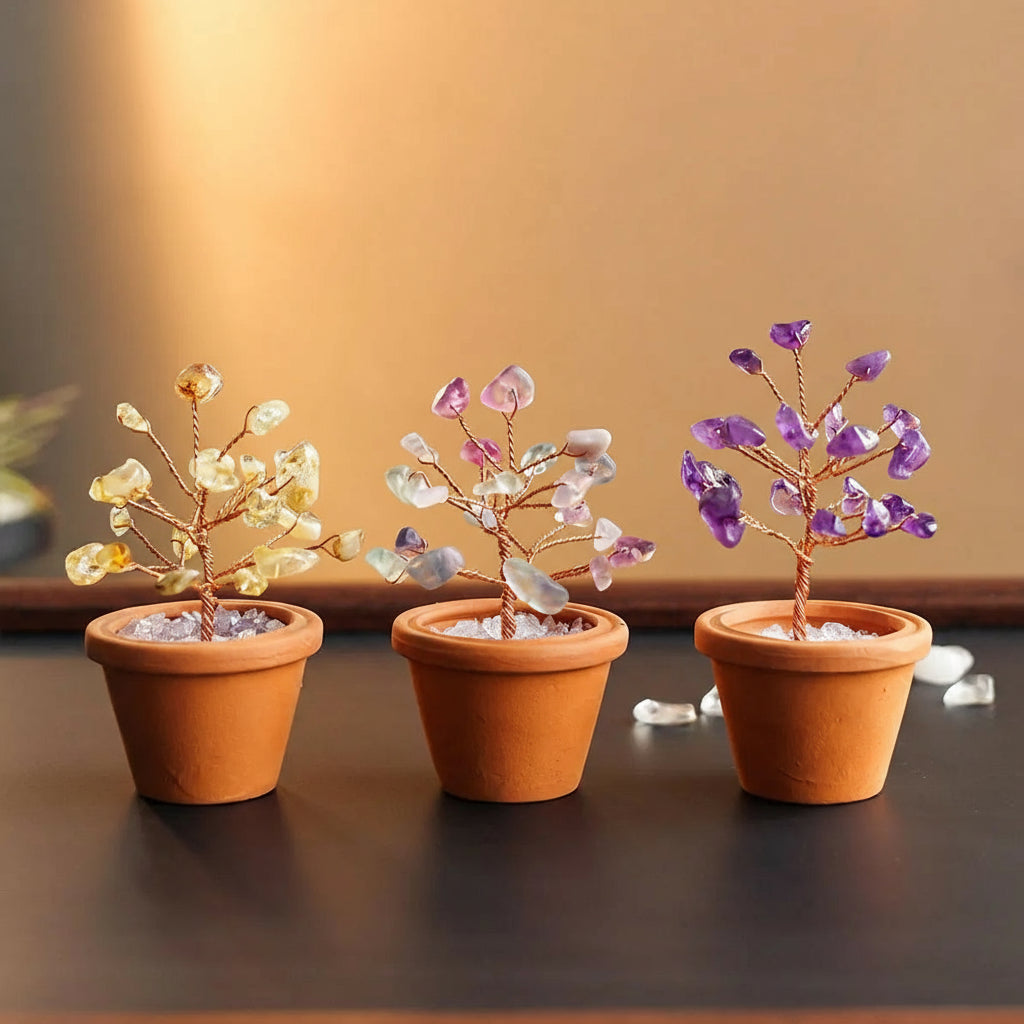 1pc Natural Crystal Mini Tree Clay Pot Amethyst Quartz Healing Gemstones Pot Plant Home Decor
