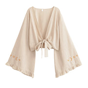 Boho Star Moon Embroidered Short Kimono Wrap Top Ruffled Flare Sleeves Cover-ups