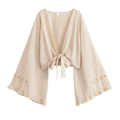 Boho Star Moon Embroidered Short Kimono Wrap Top Ruffled Flare Sleeves Cover-ups