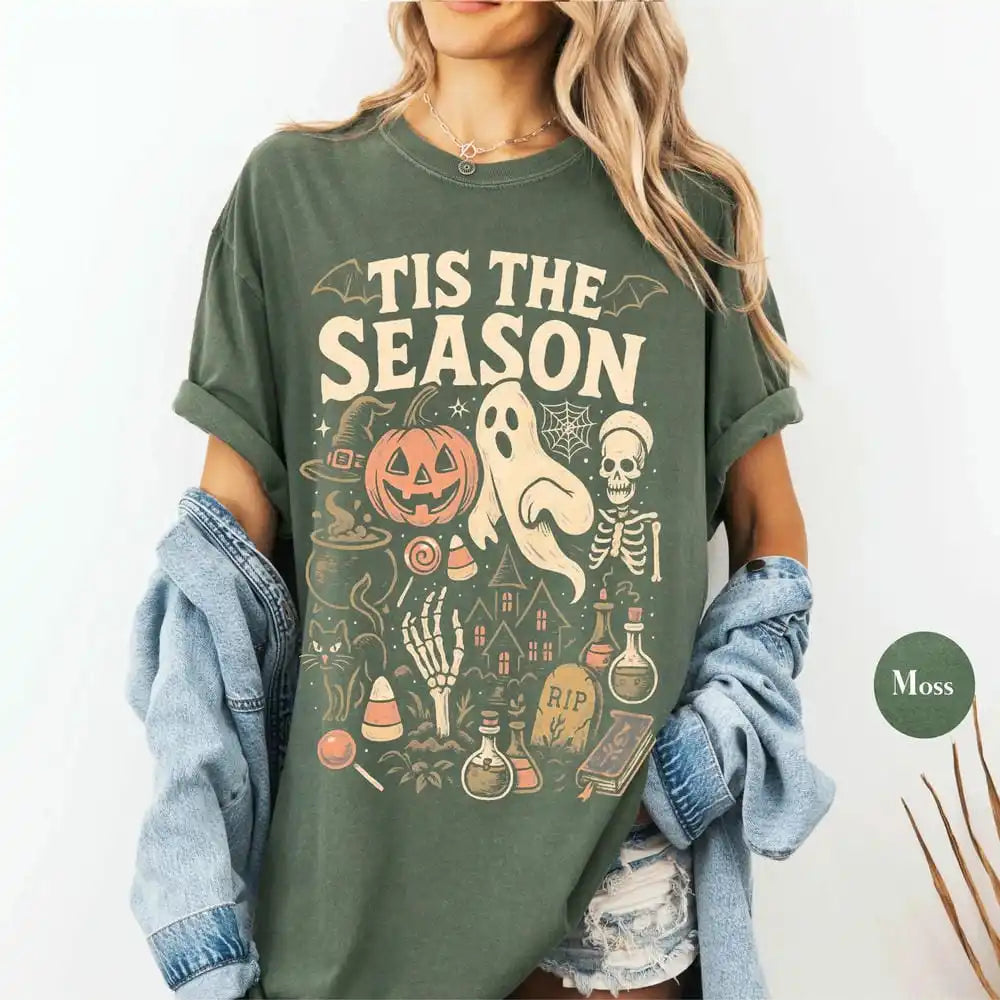 'Tis The Season Skeleton Pumpkin Ghost Halloween T-Shirt Vintage Halloween Cotton Tee