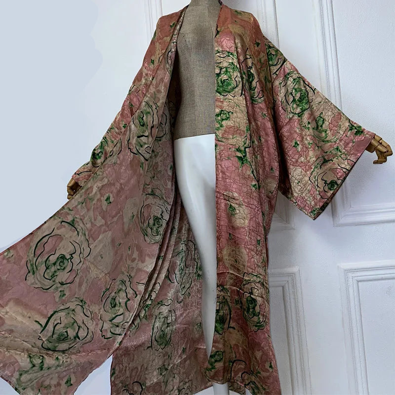 Paris Double-sided Print Silk Feel Long Sleeve Boho Kimono Duster