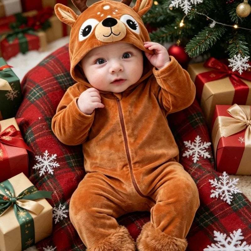 Baby Reindeer Costume Toddler Girls Boy Cute Plush Zipper Deer Hooded Romper for Christmas