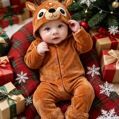 Baby Reindeer Costume Toddler Girls Boy Cute Plush Zipper Deer Hooded Romper for Christmas