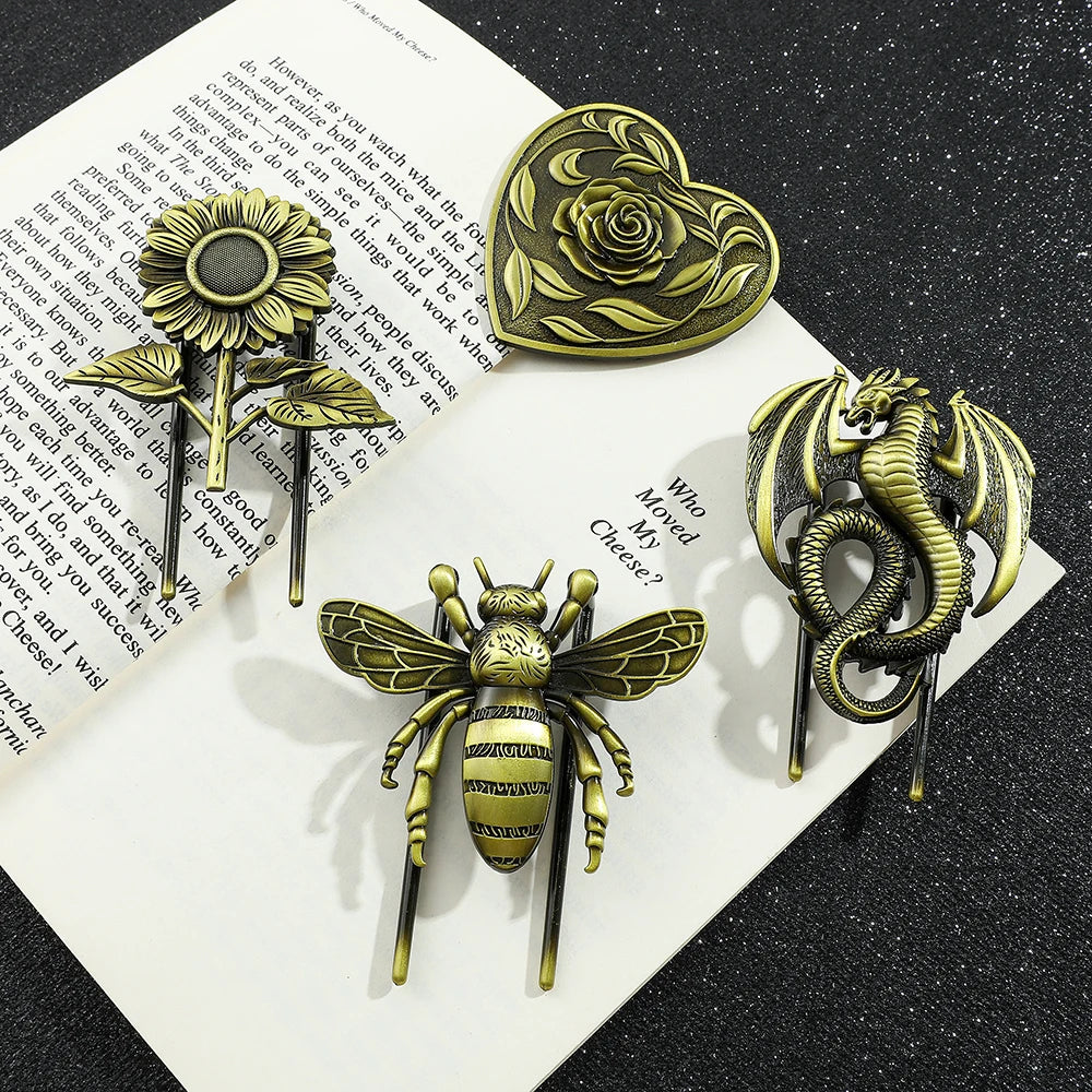 Bronze Metal Book Clips Bee Dragon Rose Sunflower Bookmark