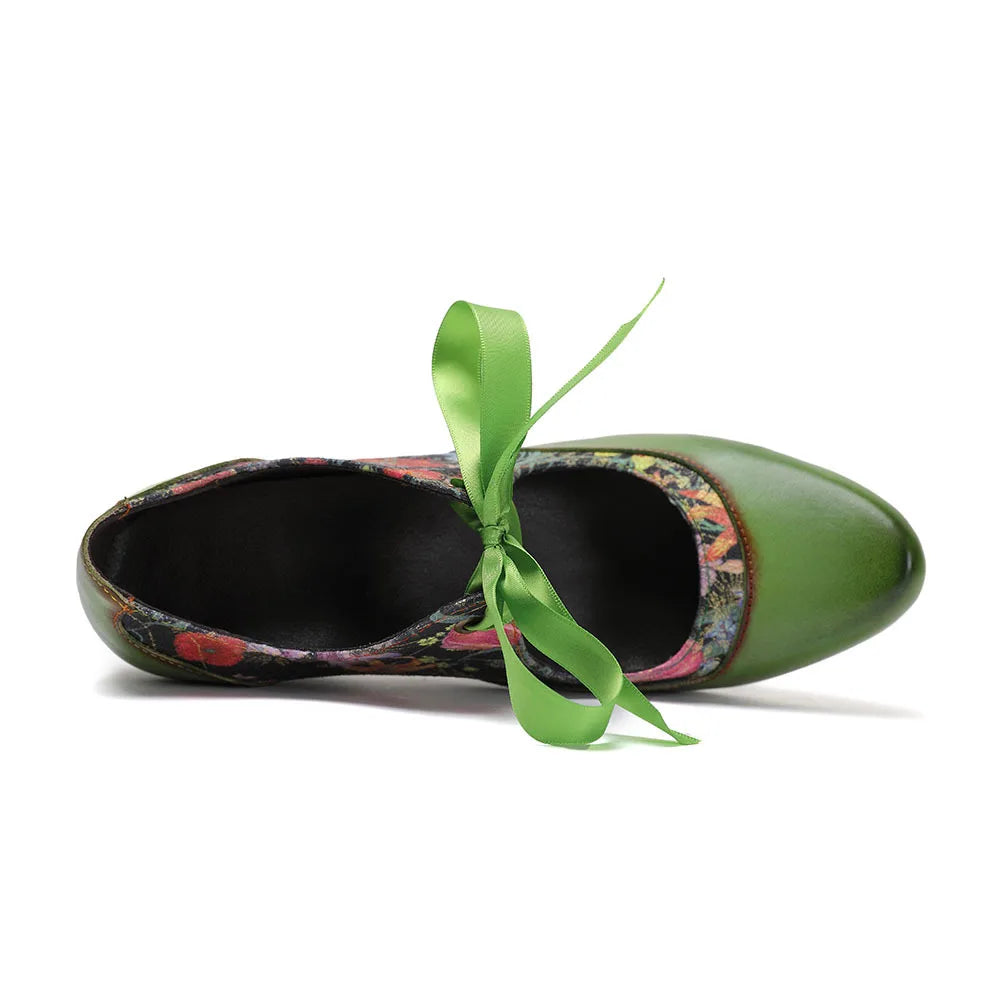 Sarah's Genuine Leather Green Pumps Heels Ribbon Lace Tie Shoes