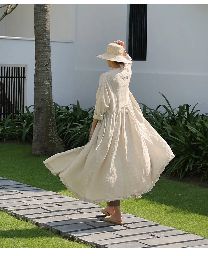 Evie's Vintage French Style Cotton Linen Dress Long Sleeveless Loose Wrap