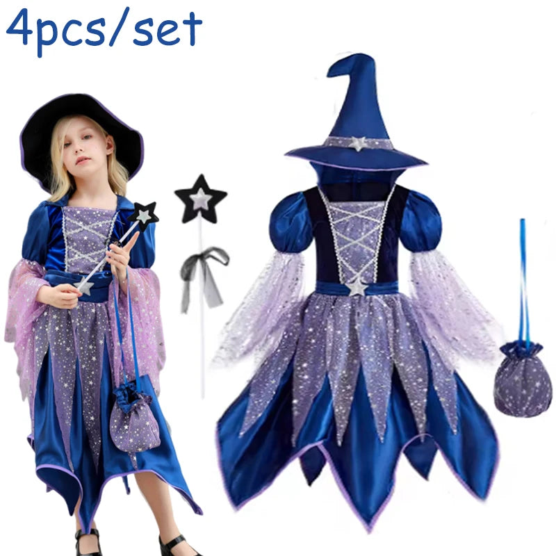Girls Witch Outfit Halloween Party Costumes for Kids Dress Up With Bag Hat Wand