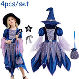 Girls Witch Outfit Halloween Party Costumes for Kids Dress Up With Bag Hat Wand