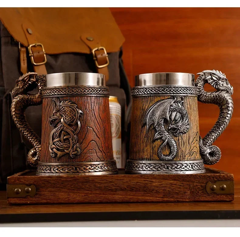 Dragon Beer Mug Coffee Cup Stainless Steel Resin Wooden Barrel Drinkware 600ml