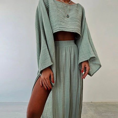 Tanny's Cotton Linen 2 Piece Summer Sets Crop Top High Waist Slit Skirt
