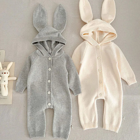 Baby and Toddler Knitted Romper Bear Bunny Ear Hooded Jumpsuits for Boys Girls