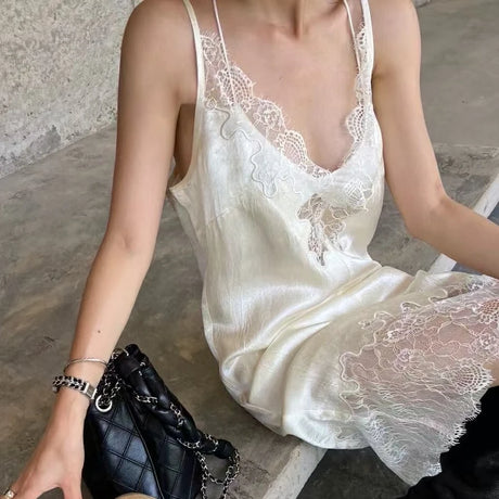 90s Lace Slip Dresses Vintage Silky Deep V-neck Dainty Punk Rock Grunge