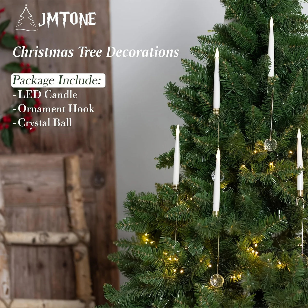 12 Pack LED Flameless Xmas Tree Taper Candles with a Crystal Ball and Gold Hook Battery Operated Remote