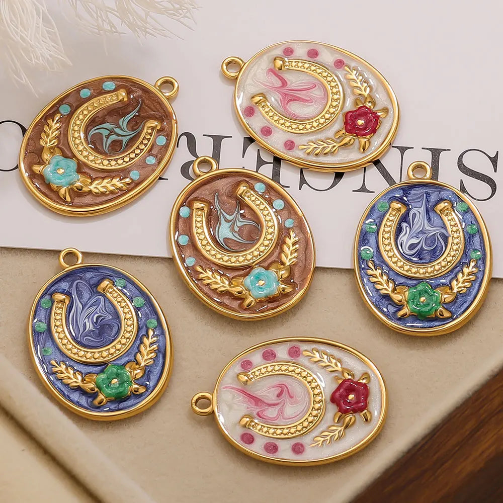 Two Horseshoe Fortune Enamel Charms Stainless Steel Gold Plated Pendant DIY Jewellery Earring Making Materials