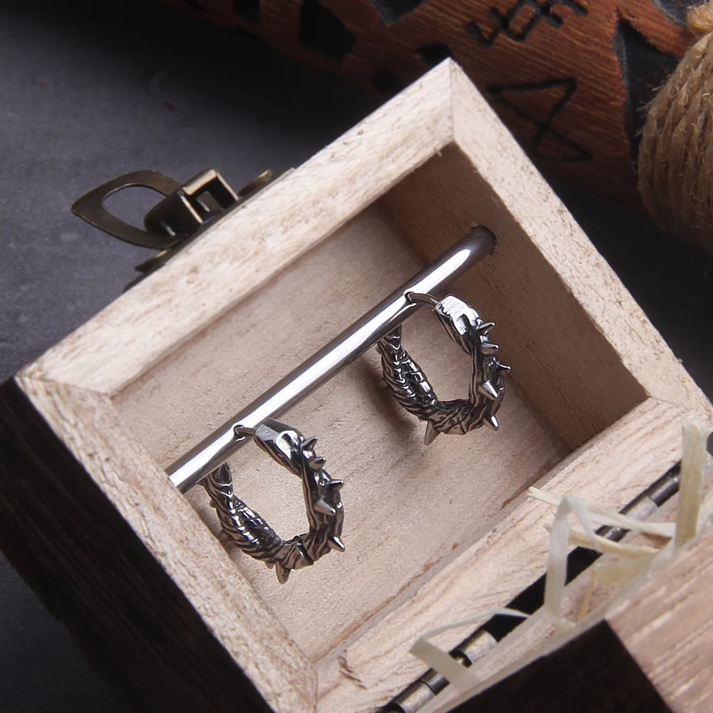 Gothic Thorns Stainless Steel Huggie Hoop Earrings for Men with Wooden Box
