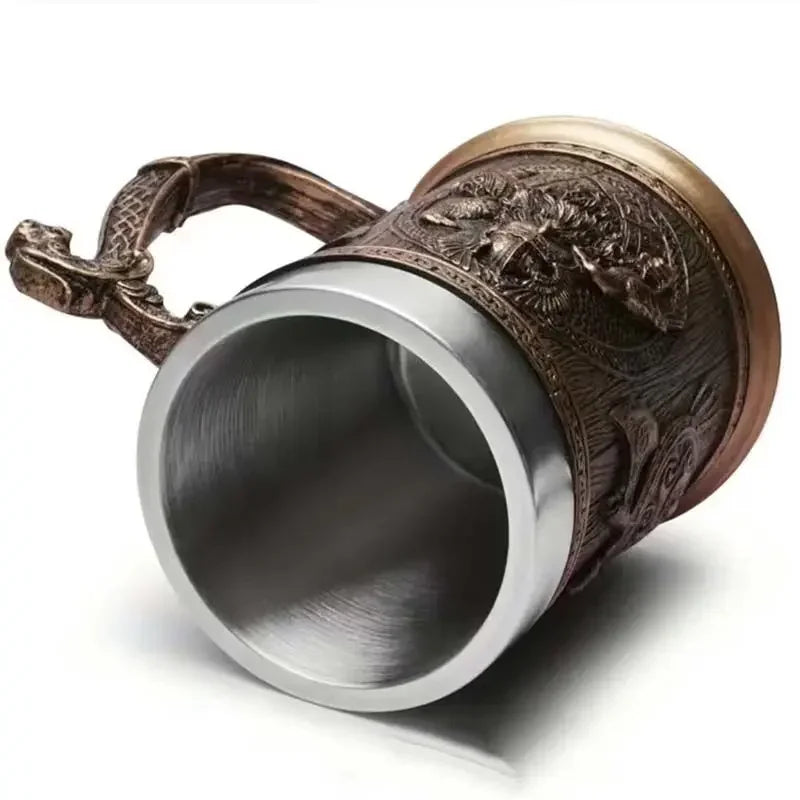 3D Viking Coffee Beer Mug Stainless Steel Warrior Stein Medieval Tree of Life Design