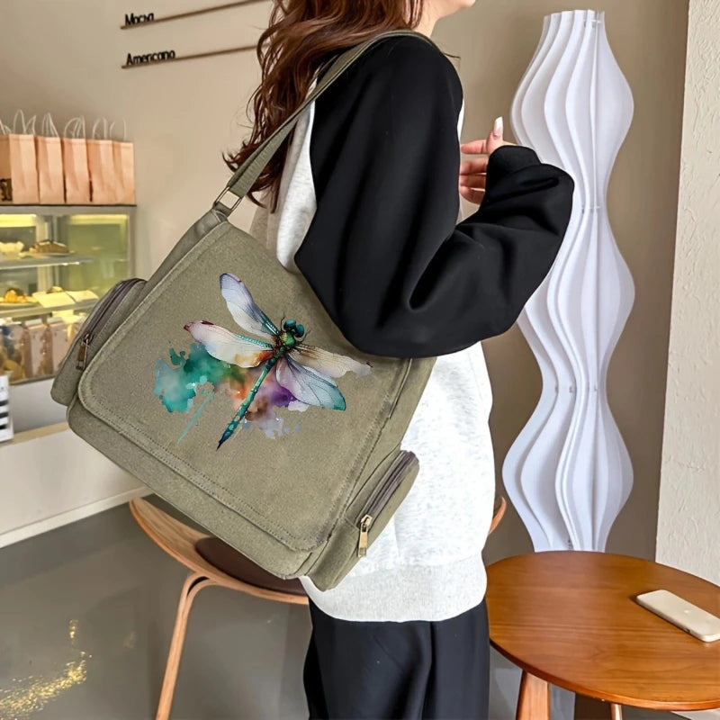 Watercolour Dragonfly Print Canvas Shoulder Bag Crossbody Messenger Bag