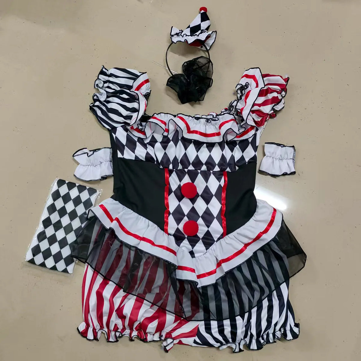 Clown Cosplay Costume Circus Performance Jumpsuit Halloween Party Carnival Jester Theater Stage Performance